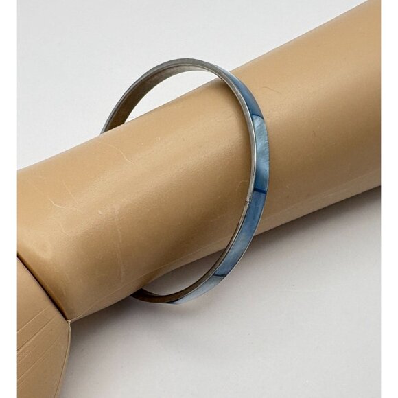 Vintage Blue Mother of Pearl Inlay Bangle Bracelet Silver Tone Beach Boho - Picture 2 of 6